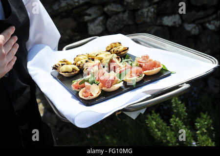 Waiter carrying a tray of canapés at a wedding reception Stock Photo