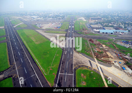 aerial view of runway of chhatrapati shivaji international airport ; Sahar ; Bombay Mumbai ; Maharashtra ; India Stock Photo