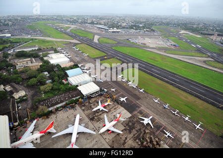 aerial view of runway with hangar of air india at chhatrapati shivaji international airport ; Sahar Bombay Mumbai Maharashtra Stock Photo