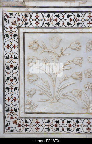 Marble inlay work interlocking lower walls sculpted realistic bas relief depictions flowers Taj Mahal Agra Uttar Pradesh Stock Photo