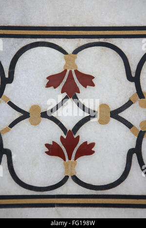 Marble inlay work of interlocking designs on wall of  Taj Mahal Seventh Wonders of World , Agra , Uttar Pradesh Stock Photo