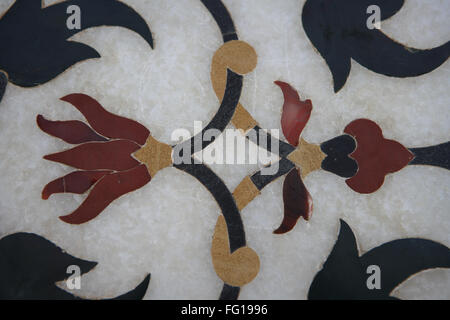 Marble inlay work of interlocking designs on wall of  Taj Mahal Seventh Wonders of World , Agra , Uttar Pradesh Stock Photo