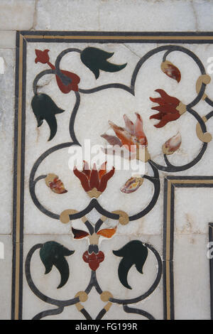 Marble inlay work of interlocking designs on wall of  Taj Mahal Seventh Wonders of World , Agra , Uttar Pradesh Stock Photo