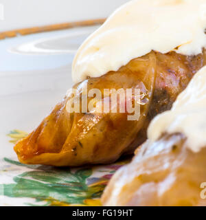 Traditional Romanian cabbage rolls with cream on top Stock Photo