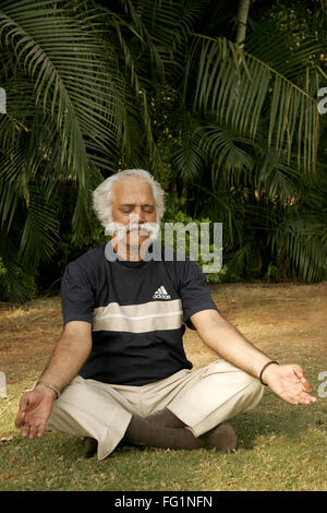 Elderly gentleman sitting on grass of park doing a yoga mudra to meditate after completing morning exercises MR#671 Stock Photo