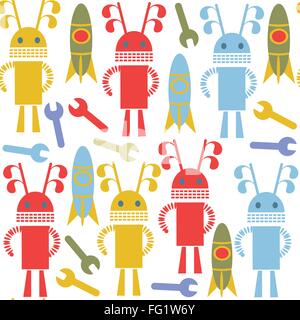 Seamless robots pattern. Robot rocket, colorful robotic dog and ...