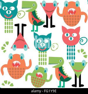 Abstract adorable monsters  seamless pattern and seamless pattern in swatch menu, vector image Stock Vector