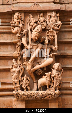 Sculpture of lord shiva and other gods on the wall of panchasara parasvanath jain temple ; Patan ; Gujarat ; India Stock Photo