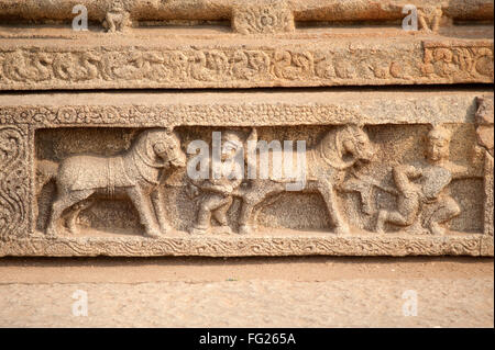 Sculpture of horse trader on the wall of  vitthal temple ; Hampi ; Karnataka ; India Stock Photo