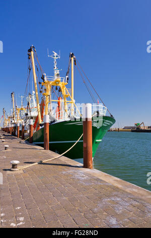 Trawlers in the harbour of Oudeschild on the island of Texel in The Netherlands on a sunny day. Stock Photo