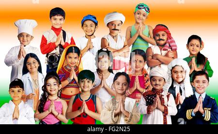 Children in fancy dress welcome posture MR Stock Photo