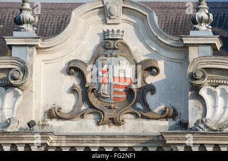 Coat of Arms of the City of Gyor on the Facade of the Town Hall Stock Photo