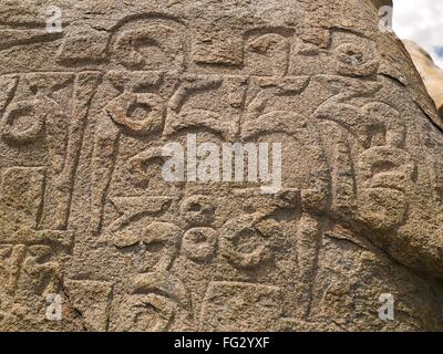 Buddhist inscription on rock ; Leh ; Ladakh ; Jammu and Kashmir ; India Stock Photo