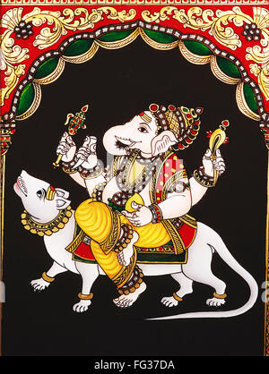 Srishti Ganpati riding on rat thanjavur glass painting Stock Photo