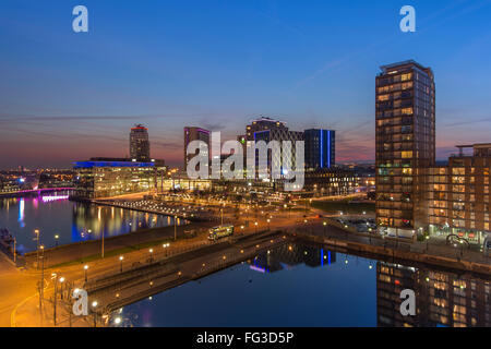 Media City at sunset, Salford Quays, Manchester. Stock Photo