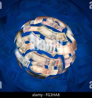 Currency notes moving round against blue background Stock Photo