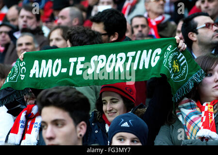 Gijon, Spain. 17th February, 2016. A supporter with the scarf of 'Sporting Club Portugal' during football match of Spanish 'La Liga' between Real Sporting de Gijon and FC Barcelona at Molinon Stadium on February 17, 2016 in Gijon, Spain. Credit:  David Gato/Alamy Live News Stock Photo