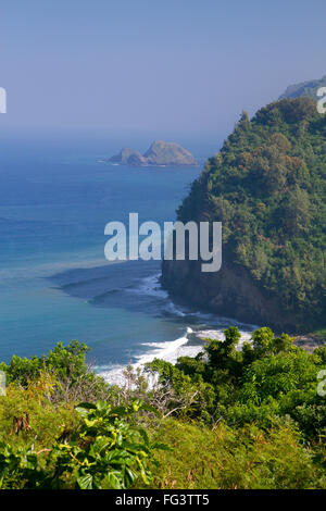 Overlook of the Pacific Ocean and a black sand beach at Pololu Valley on the east coast of Kohala Mountain on the Big Island of Stock Photo