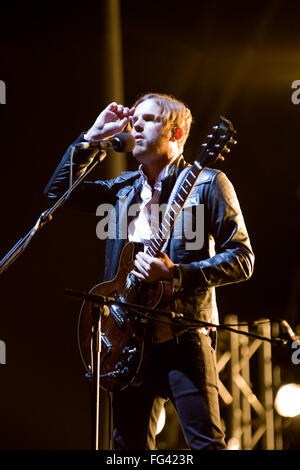 The Kings of Leon performing on the Pyramid stage at the Glastonbury Festival 2008, Somerset, England, United Kingdom. Stock Photo