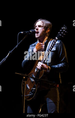 The Kings of Leon performing on the Pyramid stage at the Glastonbury Festival 2008, Somerset, England, United Kingdom. Stock Photo