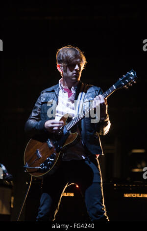 The Kings of Leon performing on the Pyramid stage at the Glastonbury Festival 2008, Somerset, England, United Kingdom. Stock Photo