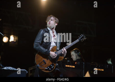 The Kings of Leon performing on the Pyramid stage at the Glastonbury Festival 2008, Somerset, England, United Kingdom. Stock Photo