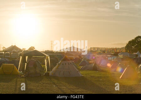 Sunset at the Glastonbury Festival 2008, Somerset, England, United Kingdom. Stock Photo