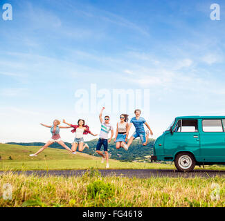 Young hipster friends on road trip Stock Photo