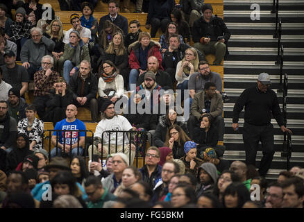 Minneapolis, Minnesota, USA. 13th Feb, 2016. People listened to Bernie Sanders answer questions from the panel and audience. Senator Bernie Sanders of Vermont, who is seeking the Democratic Party nomination for president, attended the Black America Forum, sponsored by MN Neighborhoods Organizing for Change at Patrick Henry High School in the largely African-American neighborhood of North Minneapolis, Minnesota on Friday, February 12, 2016. After beating Hillary Clinton in the New Hampshire primary earlier in the week, Sen. Sanders began campaigning in earnest for minority voters, wh Stock Photo