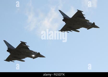 ZK302 and ZK321, two Eurofighter Typhoons from 6 Squadron, Royal Air Force, perform a flypast at the Leuchars Airshow in 2012. Stock Photo