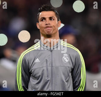 Rome, Italy. 17th Feb, 2016. Christiano Ronaldo of Real Madrid reacts before the first leg of round 16 of the Eurpean Champions League soccer match against Roma in Rome, Italy, on Feb. 17, 2016. Real Madrid won 2-0. Credit:  Alberto Lingria/Xinhua/Alamy Live News Stock Photo