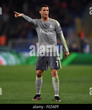 Rome, Italy. 17th Feb, 2016. Christiano Ronaldo of Real Madrid reacts during the first leg of round 16 of the Eurpean Champions League soccer match against Roma in Rome, Italy, on Feb. 17, 2016. Real Madrid won 2-0. Credit:  Alberto Lingria/Xinhua/Alamy Live News Stock Photo