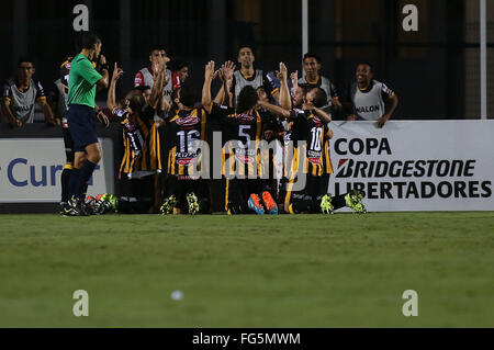 Sao Paulo, Brazil. 17th Feb, 2016. Players of Bolivia's The Strongest celebrate score during the group stage match of the Libertadores Cup, against Brazil's Sao Paulo, in Sao Paulo, Brazil, on Feb. 17, 2016. The Strongest won 1-0. © Rahel Patrasso/Xinhua/Alamy Live News Stock Photo