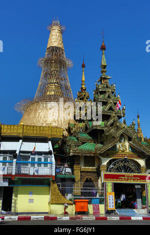 Stupa of Sule Pagoda with local scaffolding, Yangon, Myanmar Stock Photo