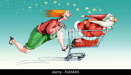 A woman excited fast pushes a cart in a Santa Claus with a little scared by the speed Stock Photo