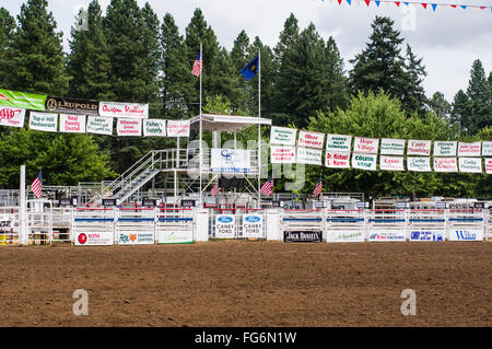 SIgns and advertising at the rodeo arena of the Clackamas County Fair, Canby, Oregon Stock Photo