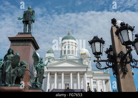 Helsinki Lutheran Cathedral & Statue of Emperor Alexander II, Senate Square, Helsinki, Uusimaa Region, Republic of Finland Stock Photo
