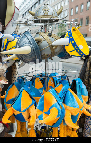 Swedish Viking souvenirs outside shop on Drottninggatan (Queen Street), Norrmalm District, Stockholm, Kingdom of Sweden Stock Photo