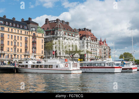 Waterfront at Strandvägen, Östermalm District, Stockholm, Kingdom of Sweden Stock Photo
