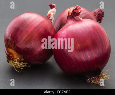 Three red onions isolated on gray background Stock Photo