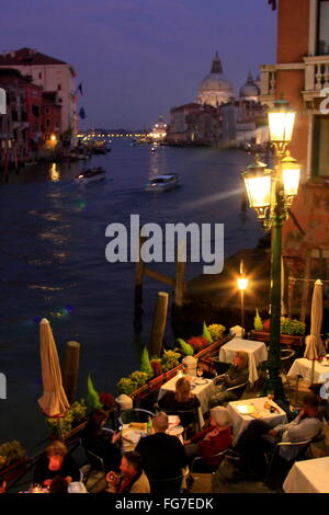 geography / travel, Italy, Venetia, Venice, Canal Grande, restaurant in Dorsoduro, Accademia Quarter, view towards Santa Maria della Salute, Additional-Rights-Clearance-Info-Not-Available Stock Photo