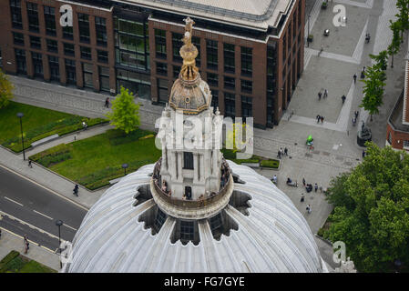 A close up aerial view of the top of the dome of St Pauls Cathedral, London