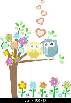 Cute owls in love sitting on green tree, vector illustration Stock ...