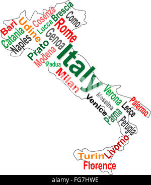 Italy map and words cloud with larger cities Stock Photo
