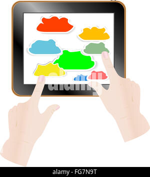 Cloud computing concept. Finger touching cloud on a touch screen Stock Photo