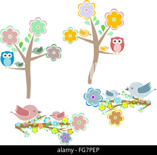 Set of autumn nature elements: owls and birds on branches Stock Photo