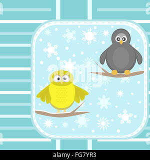 owl and a penguin on a tree under snowfall Stock Photo