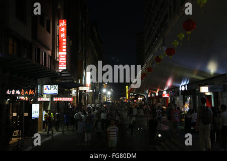 The northern section of Dixon Street at night between Liverpool St and Goulburn St in Haymarket in Sydney's Chinatown area. Stock Photo