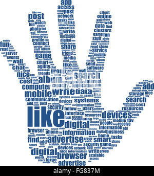 hand from word cloud, tag cloud text concept, text keywords on social media themes. word collage Stock Photo