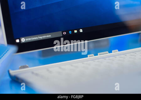 Hamburg, Germany. 18th Feb, 2016. ILLUSTRATION - A Microsoft Surface Book can be seen in an electronics store in Hamburg, Germany, 18 February 2016. The Surface Book has a touch screen that also allows it to be used as a tablet. Photo: LUKAS SCHULZE/dpa/Alamy Live News Stock Photo